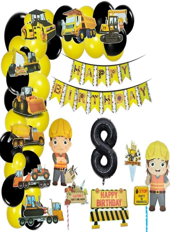 FI - FLICK IN 58 pcs JCB Construction 8th Birthday Decoration Set of Happy Birthday Cardstock Paper banner Transport Theme Dump Truck with Yellow or Black Party Decoration for Boys (Pack of 58) - Image 1